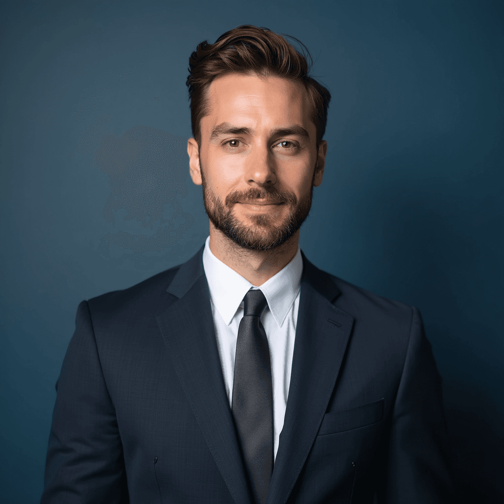 Professional AI headshot with plain solid steel blue background