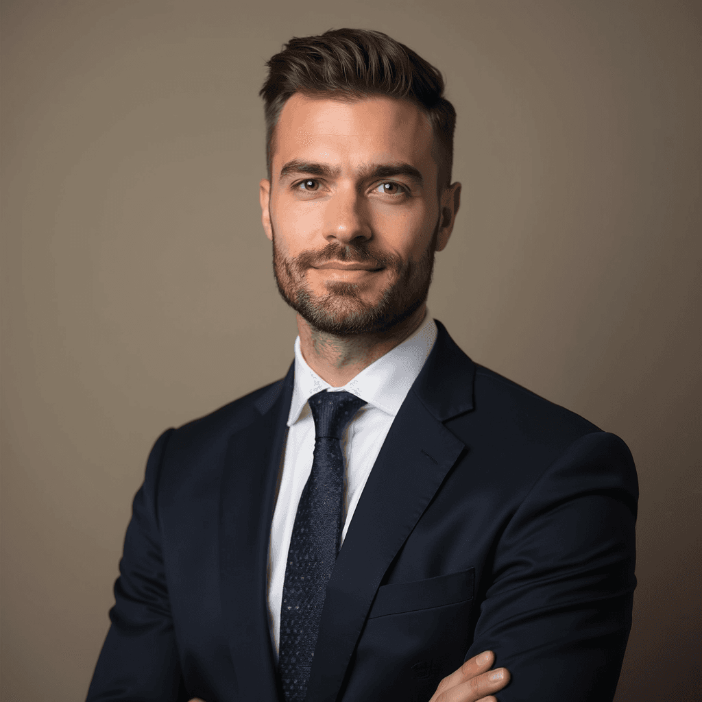 Professional AI headshot with plain solid taupe background