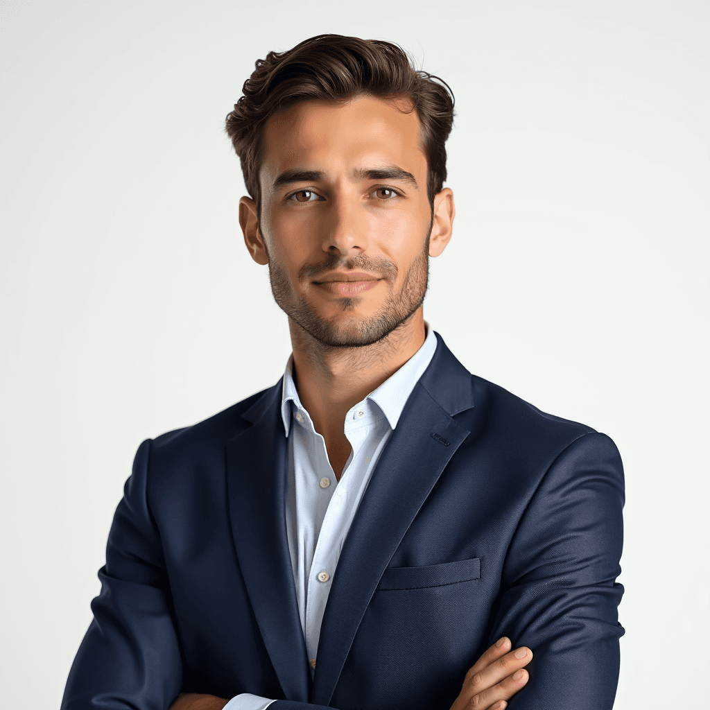 Professional AI headshot with plain solid warm white background