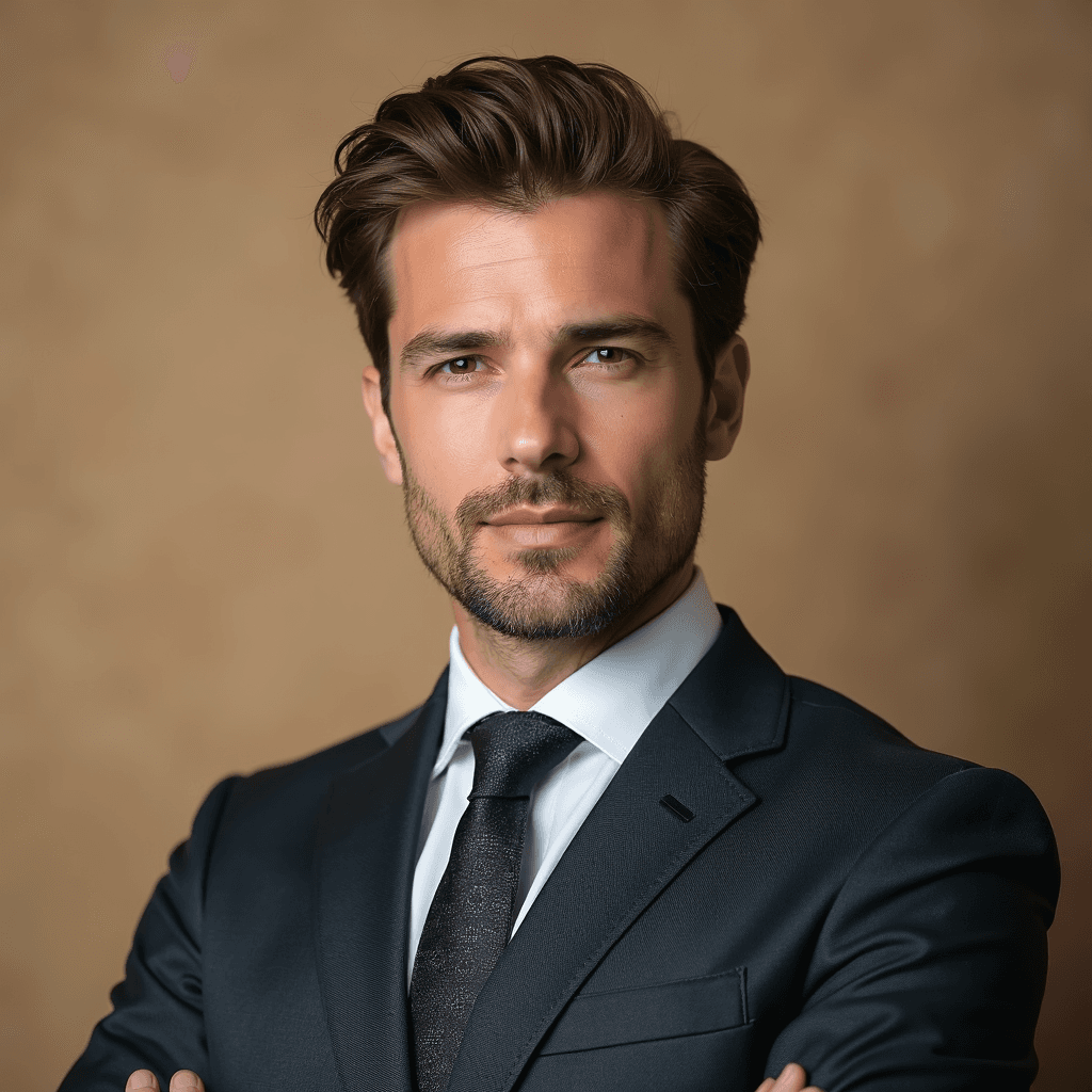 Professional AI headshot with textured warm beige canvas background