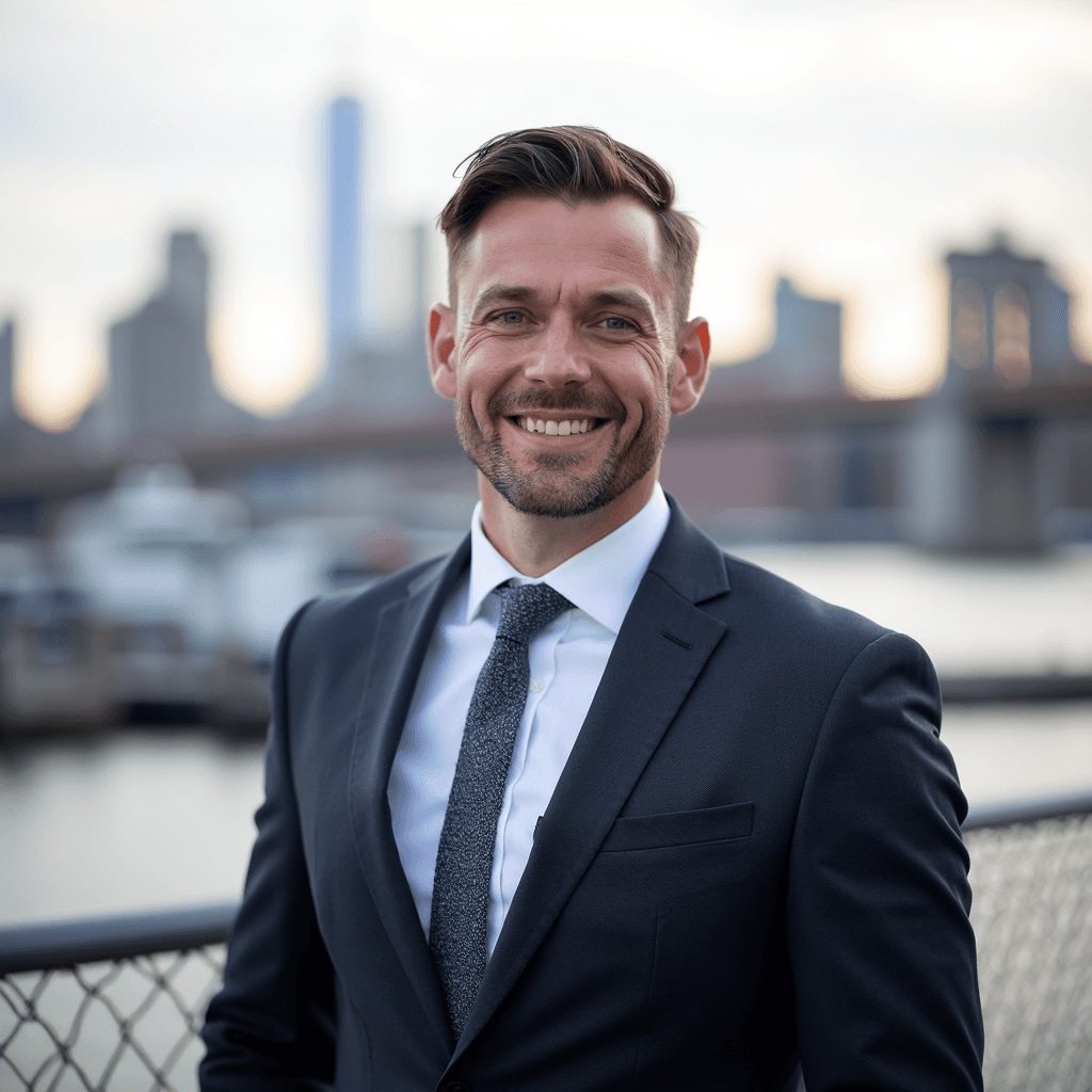 Urban cityscape background for real estate agent headshots with waterfront skyline