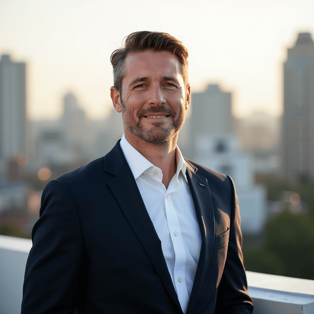 Rooftop city view background used in modern real estate headshots