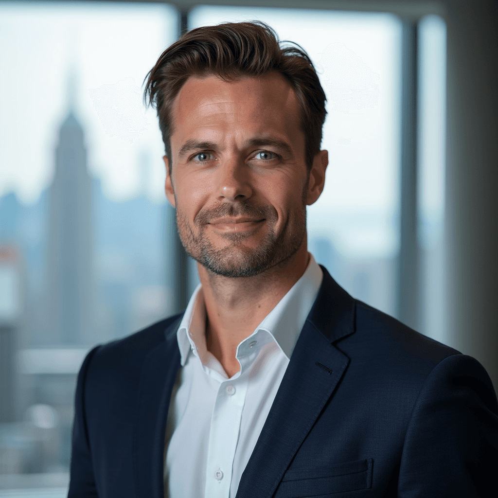 Executive office background with city skyline for CEO portraits