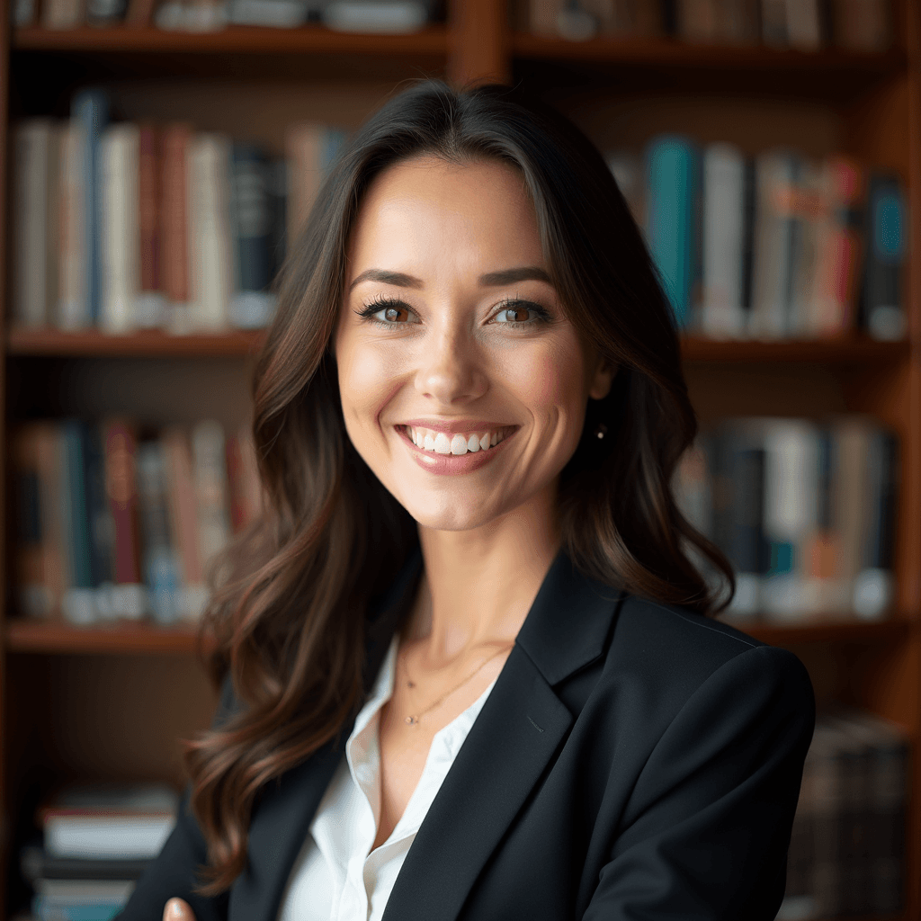 Professional AI headshot with bookshelf with academic books and scholarly atmosphere background