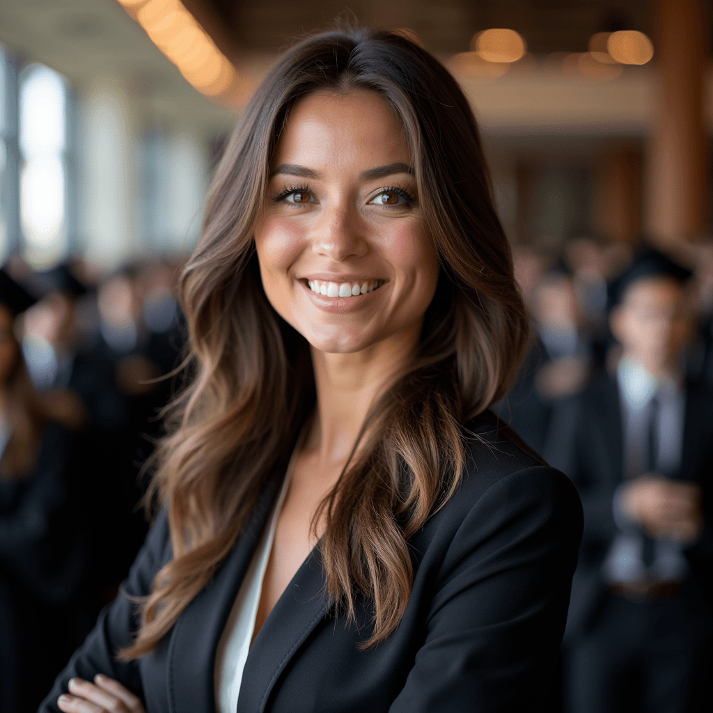 Professional AI headshot with graduation ceremony stage with institutional backdrop background