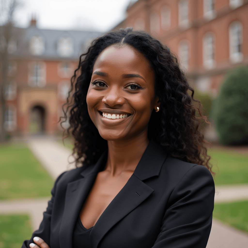 Professional AI headshot with ivy league campus with traditional architecture background