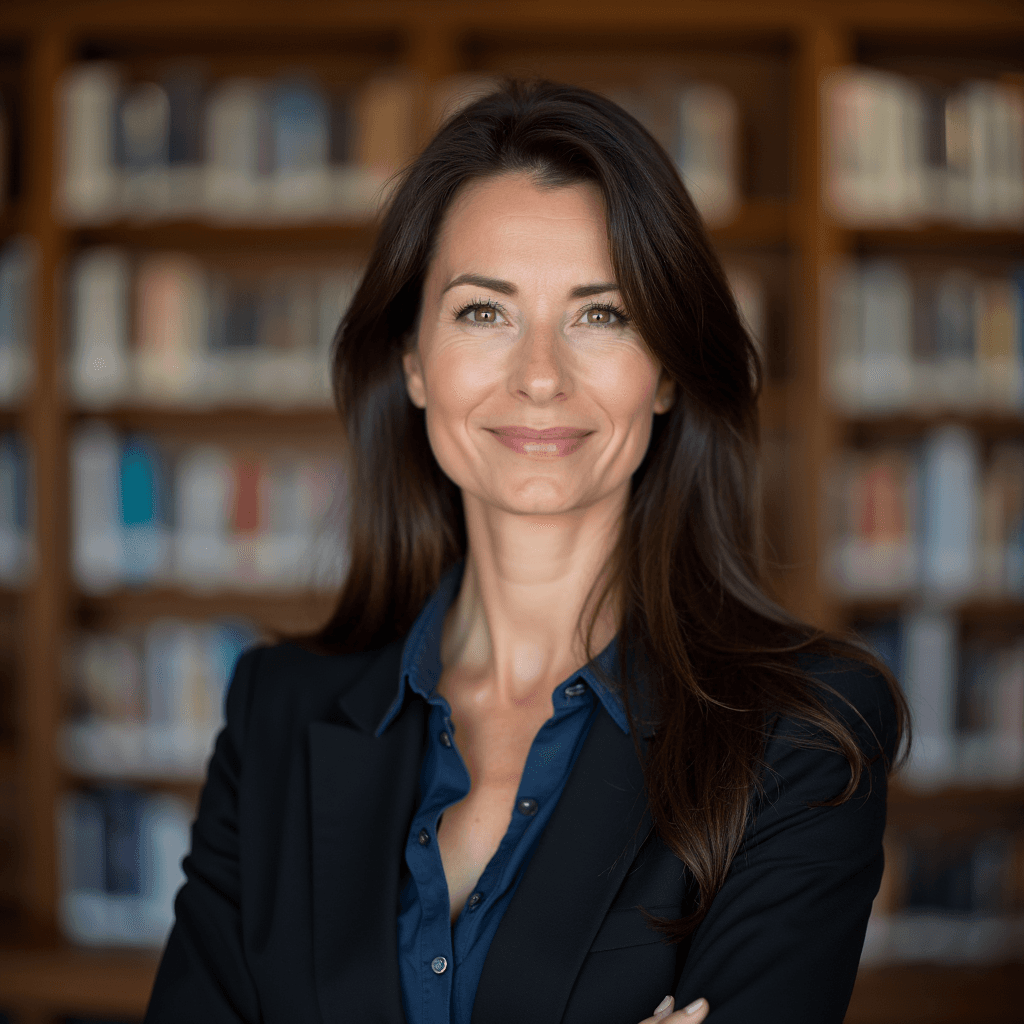 Professional AI headshot with university library with bookshelves in soft focus background