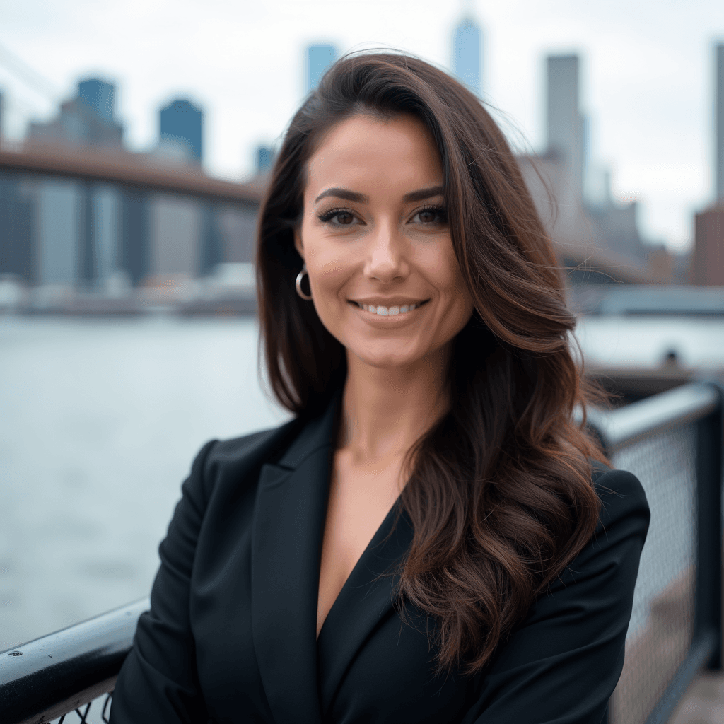 Professional AI headshot with brooklyn waterfront with city skyline in soft focus background