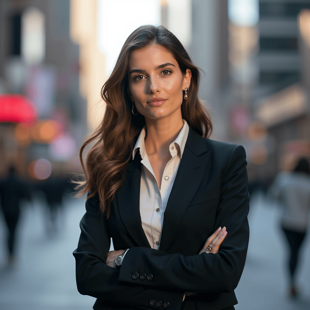 Professional AI headshot with bustling urban street setting with blurred skyscrapers background
