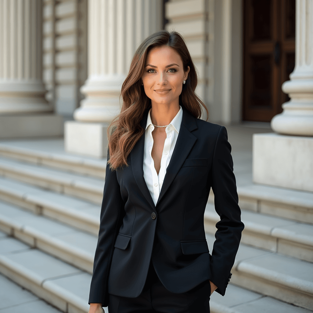 Professional AI headshot with historic courthouse steps with classical columns background