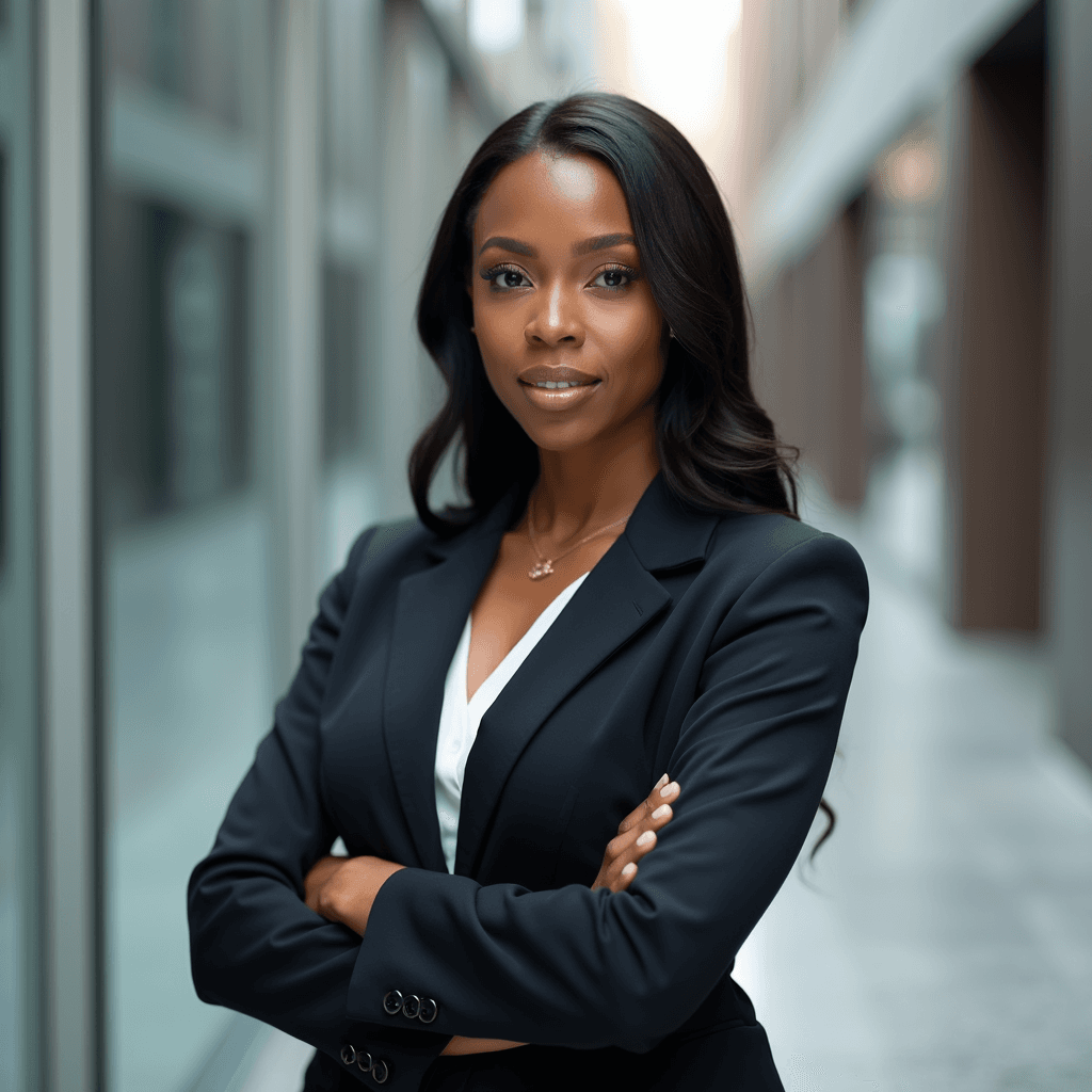 Professional AI headshot with modern architecture with depth of field effect background