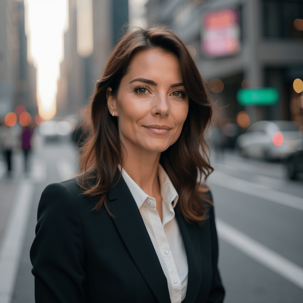 Professional AI headshot with streets with dynamic city atmosphere background