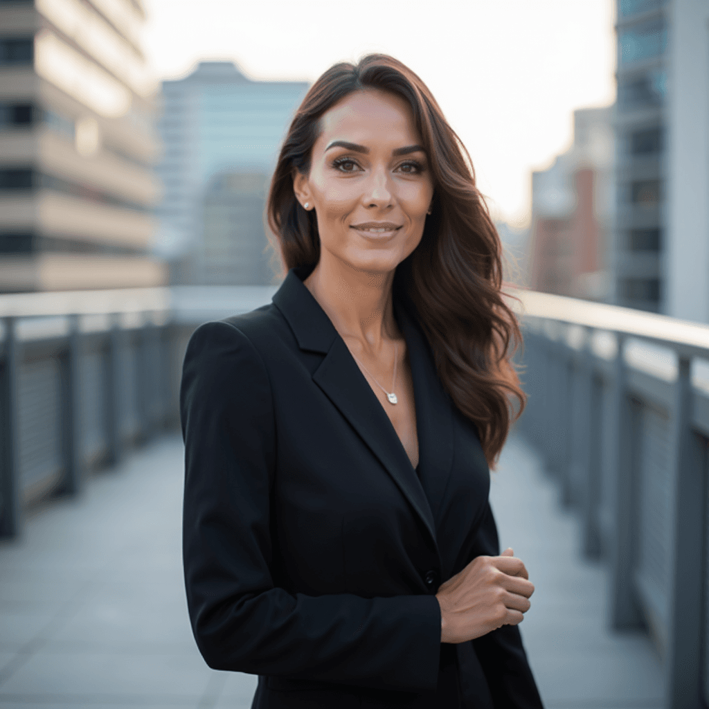 Professional AI headshot with urban rooftop setting with soft natural light background