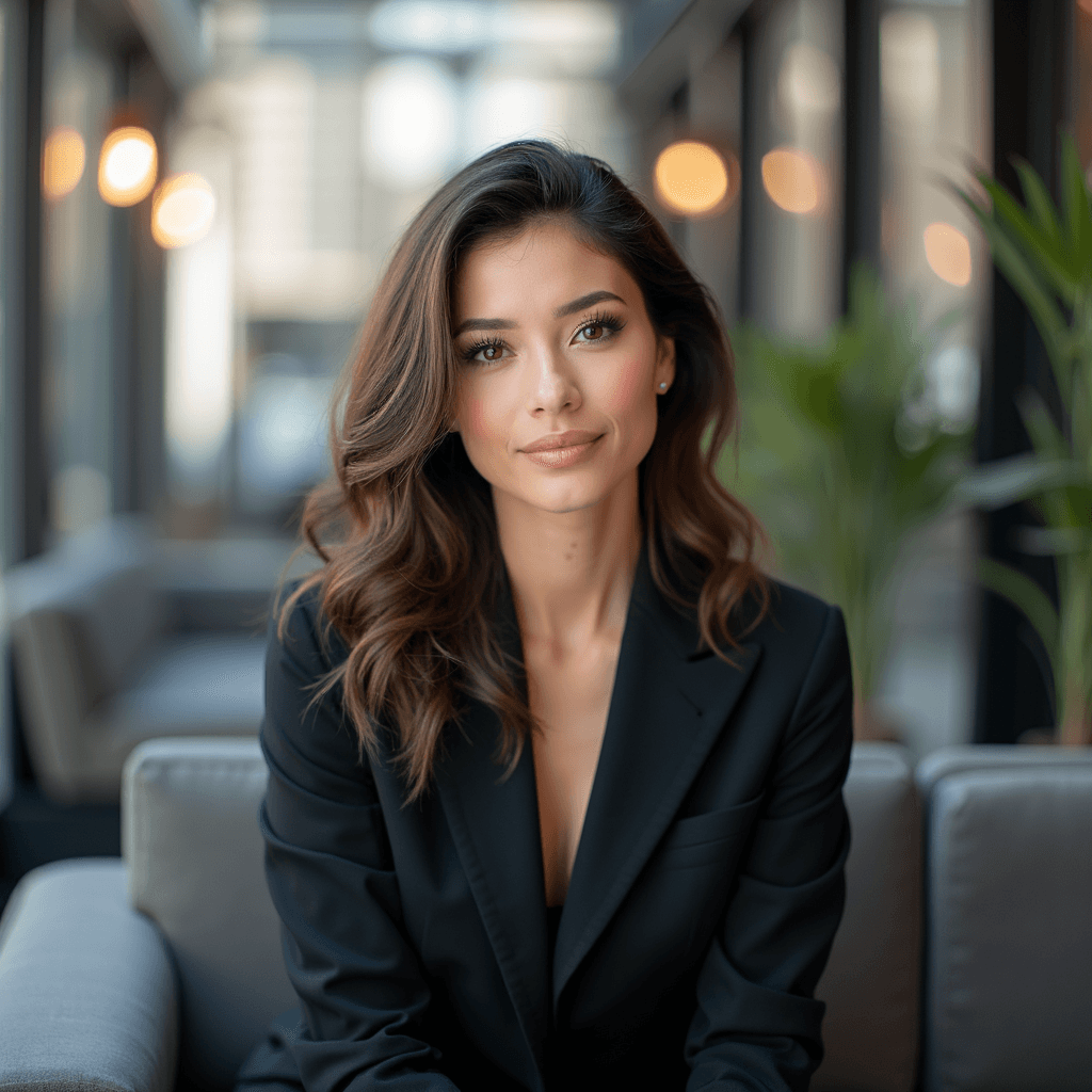 Professional AI headshot with urban sitting area with contemporary design background