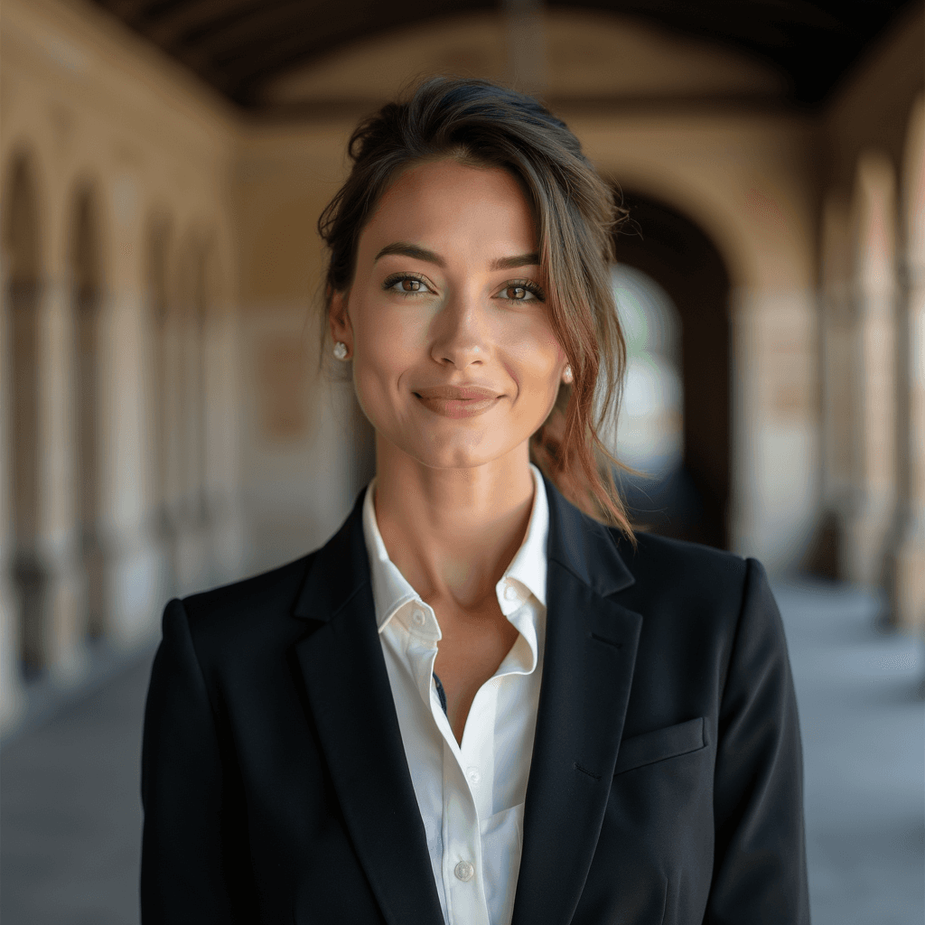 Professional AI headshot with vintage train station with architectural stonework background