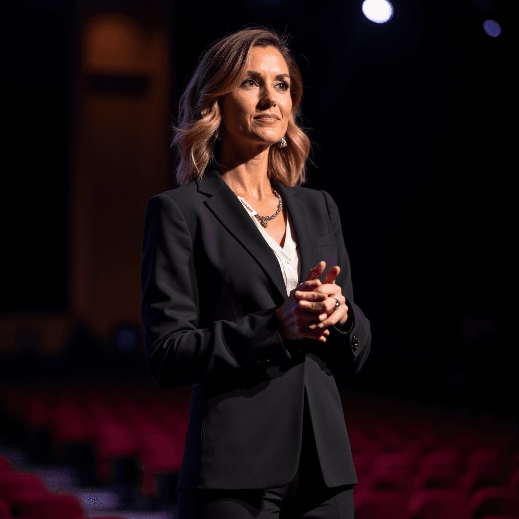 Professional AI headshot with auditorium stage with elegant presentation setup background