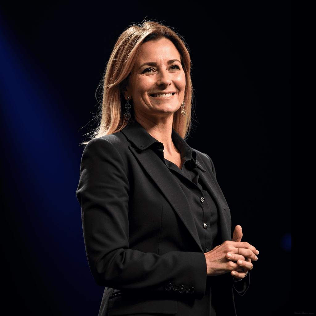 Professional AI headshot with keynote stage with dramatic professional lighting background