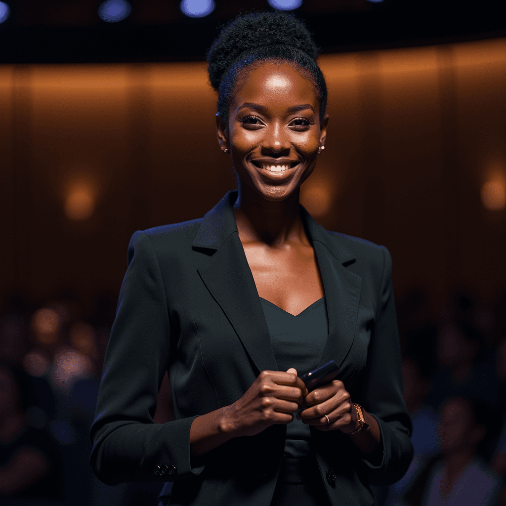 Professional AI headshot with modern conference hall with sophisticated ambiance background