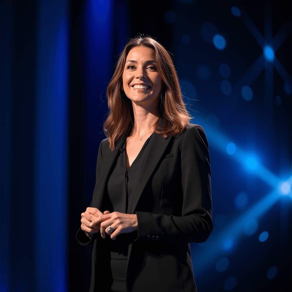 Professional AI headshot with tech conference stage with contemporary design background