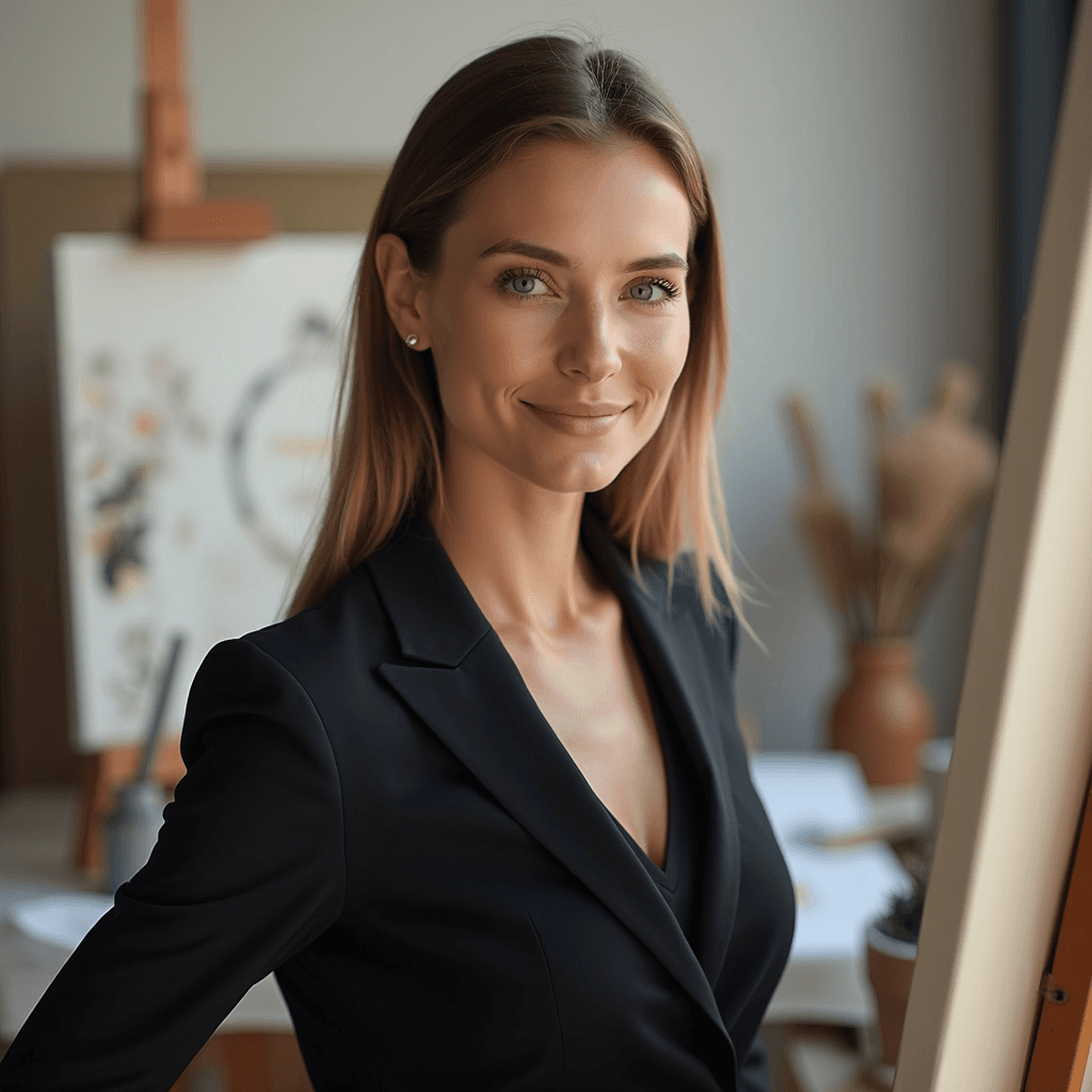 Professional AI headshot with art studio with canvas and creative tools background