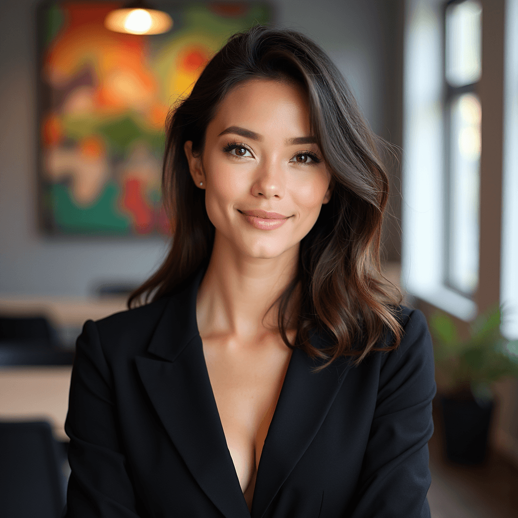 Professional AI headshot with co-working space with colorful design elements background