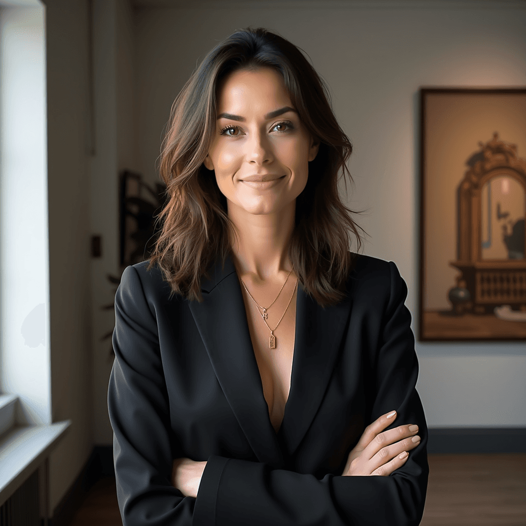 Professional AI headshot with modern gallery space with artistic ambiance background