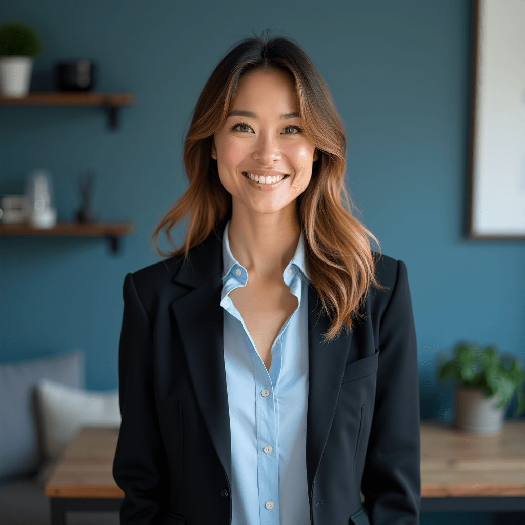 Professional AI headshot with blue home with residential comfort and style background