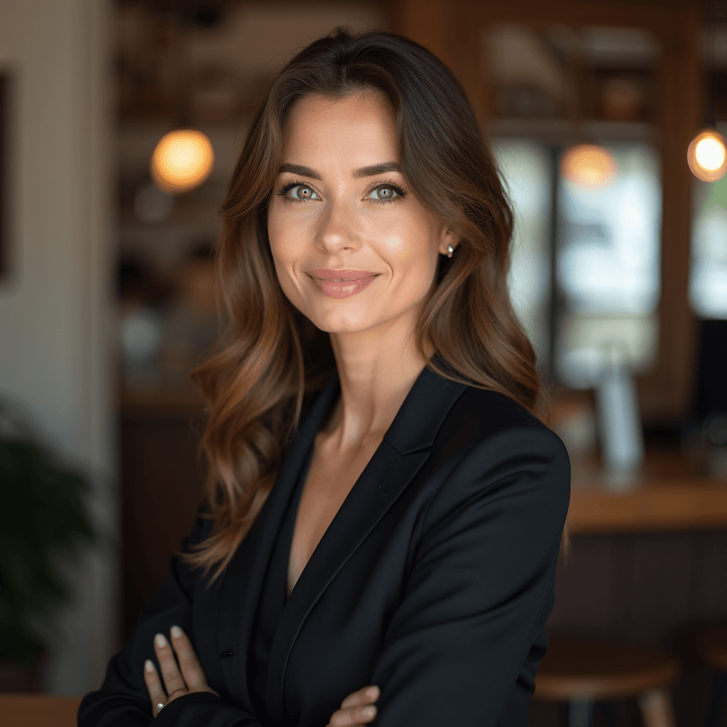 Professional AI headshot with cafe setting with cozy coffee shop atmosphere background