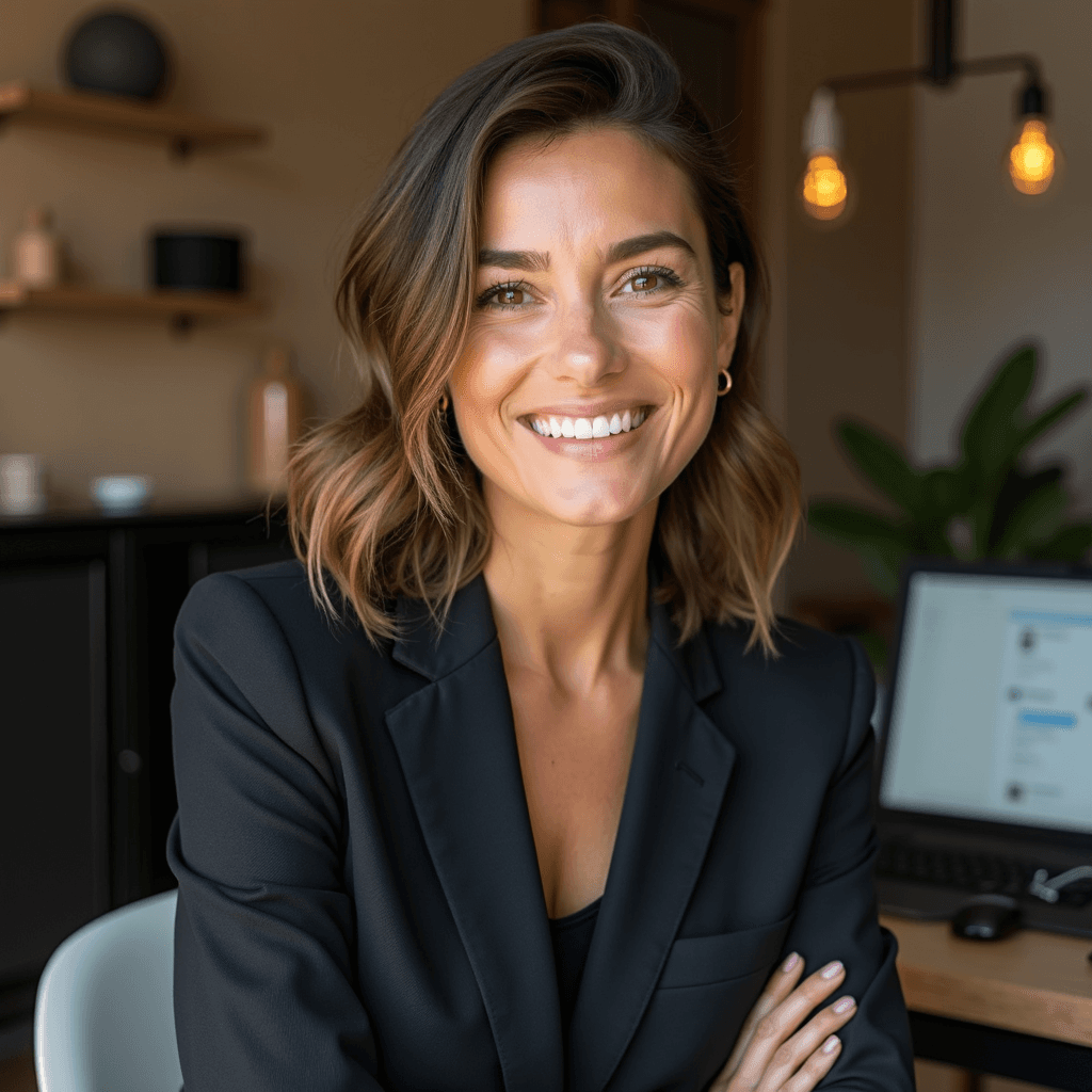 Professional AI headshot with comfortable home workspace with warm atmosphere background