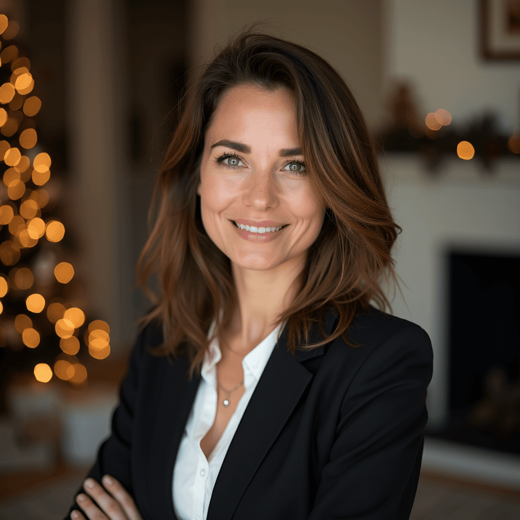Professional AI headshot with cozy christmas setting with holiday warmth background
