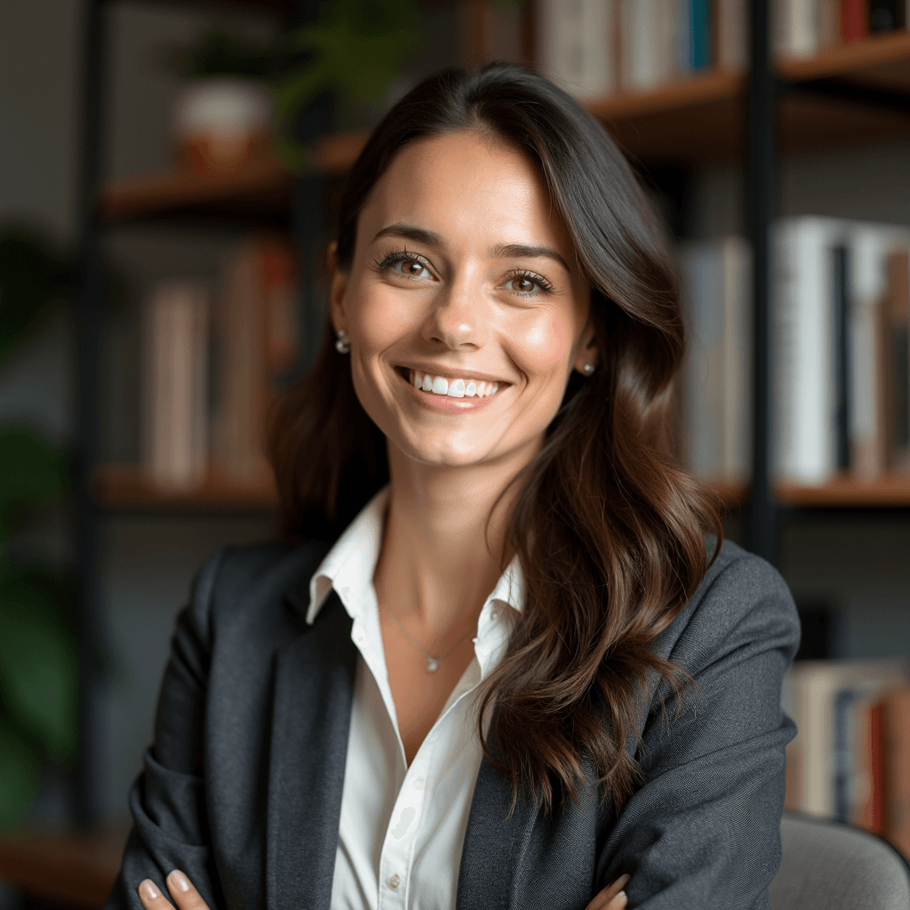 Professional AI headshot with cozy home office with bookshelf and personal touches background