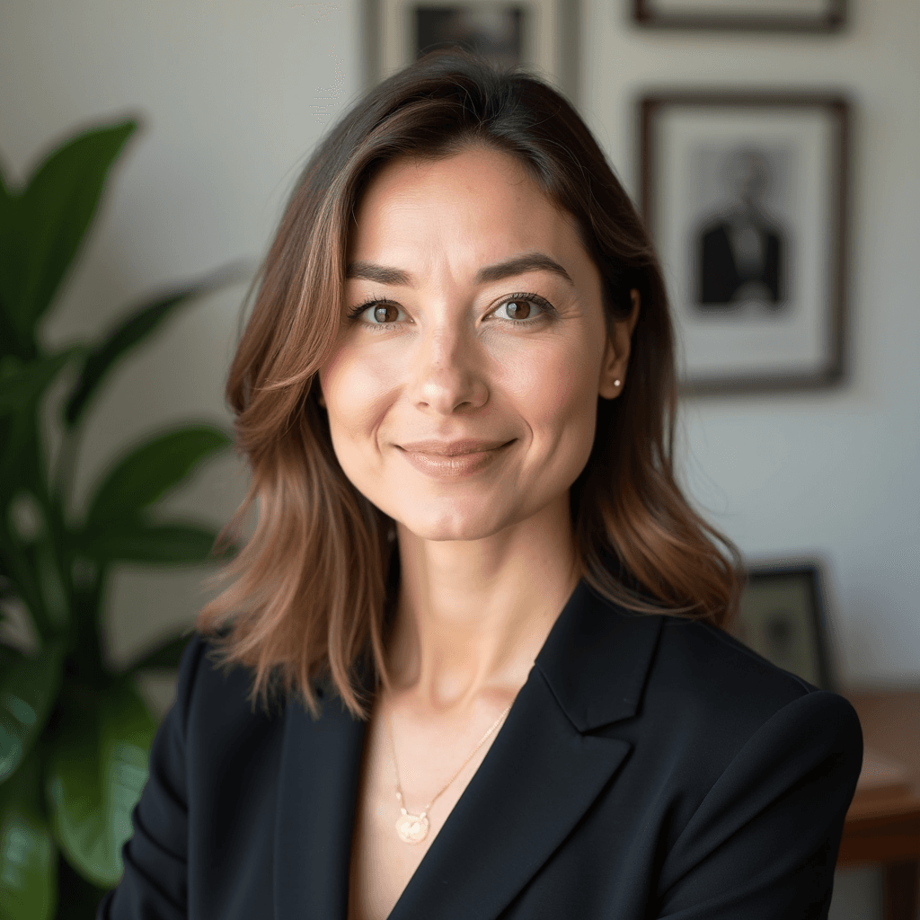 Professional AI headshot with home study with plants and framed photos in background background