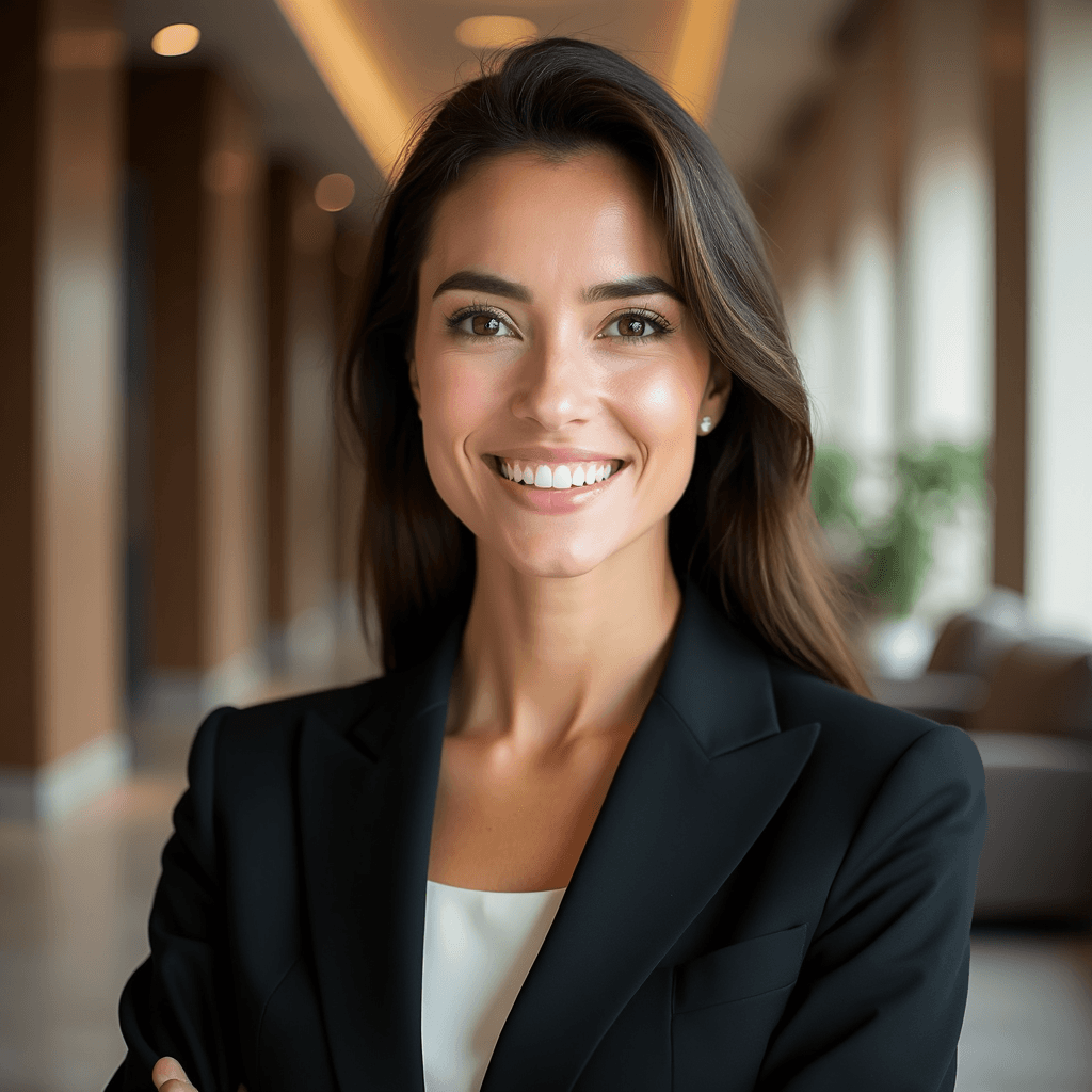 Professional AI headshot with hotel lobby with upscale hospitality design background
