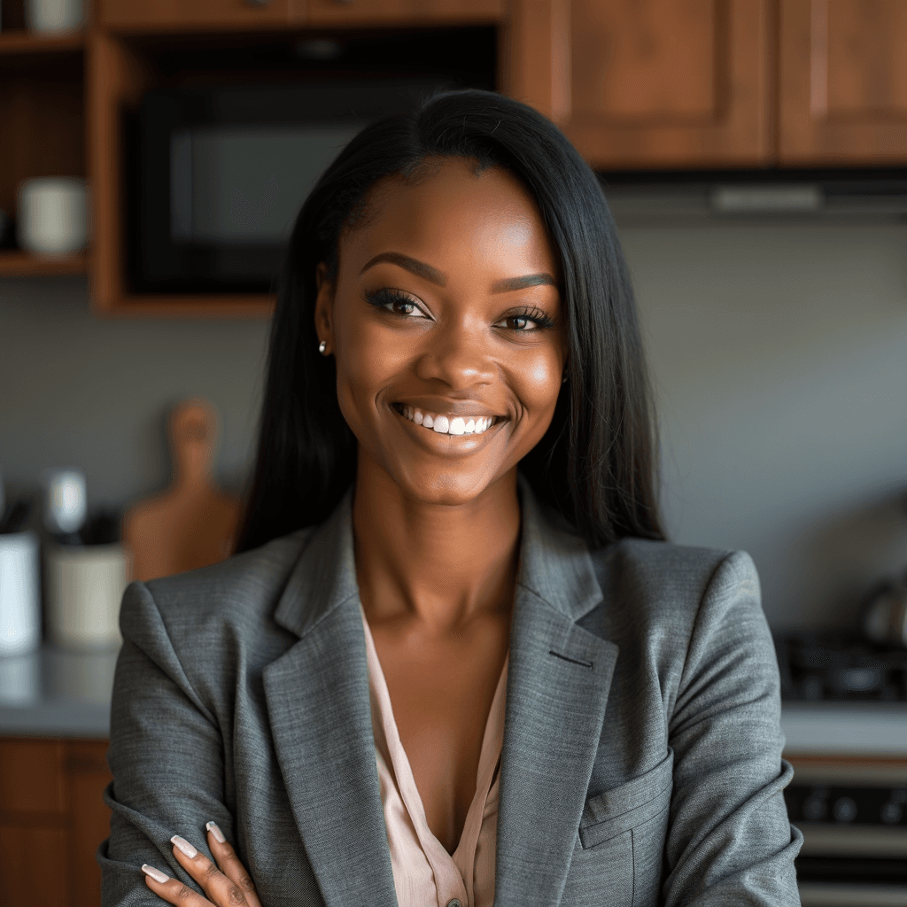 Professional AI headshot with kitchen background with residential warmth background