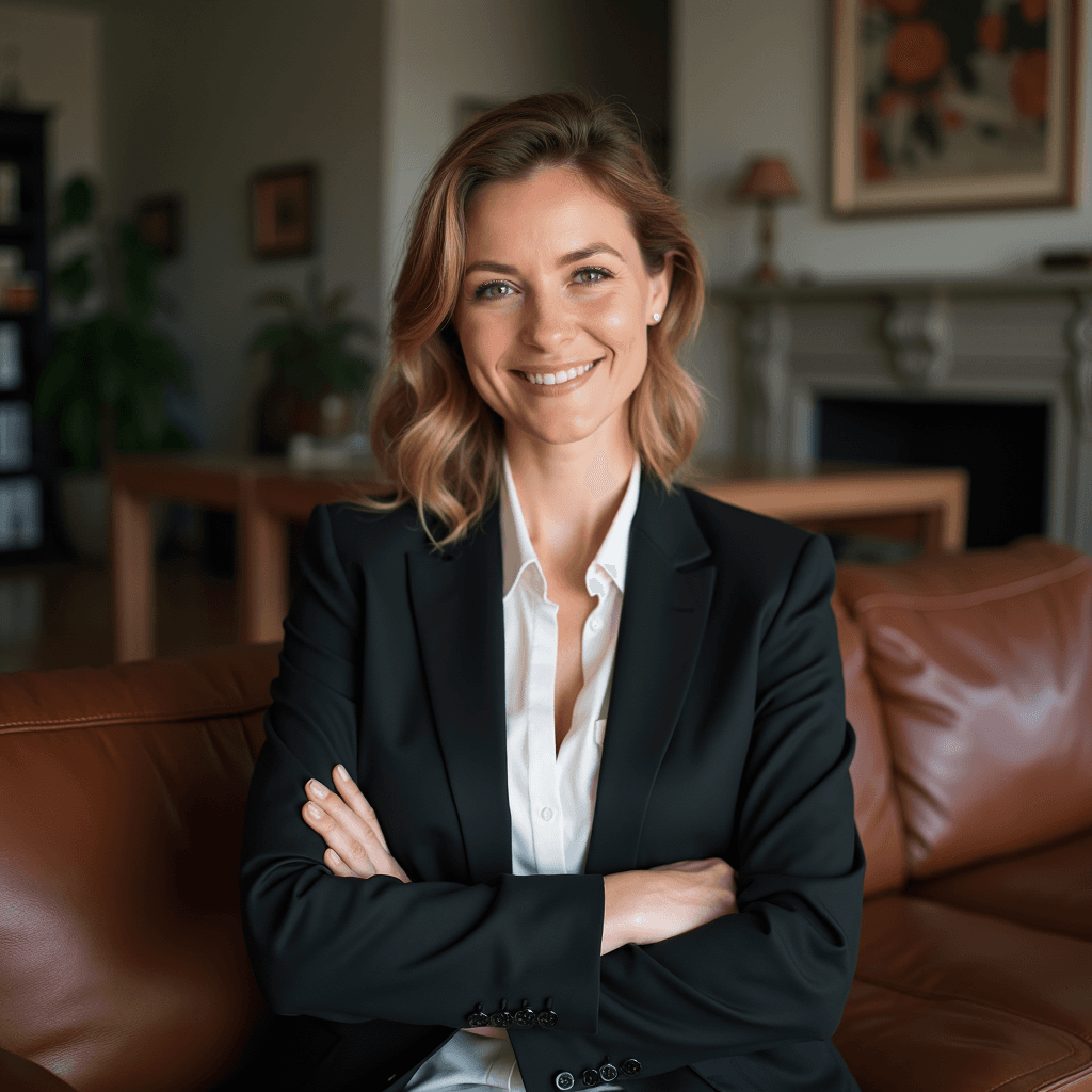 Professional AI headshot with leather couch with comfortable living room atmosphere background