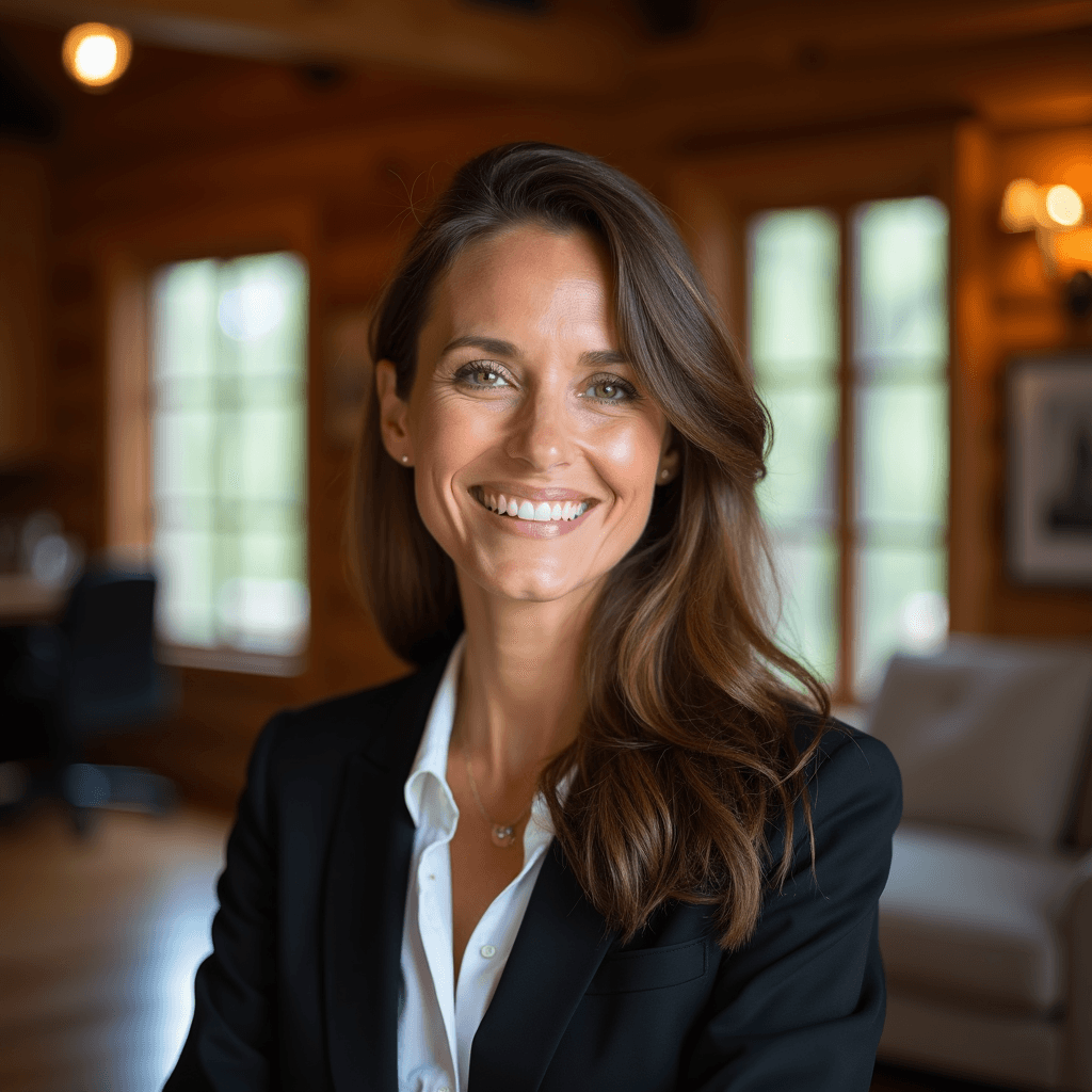 Professional AI headshot with pine home with rustic cabin atmosphere background