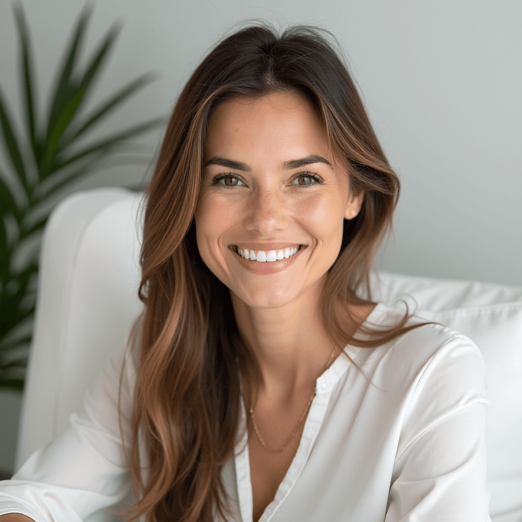 Professional AI headshot with white chair setting with clean minimalist design background