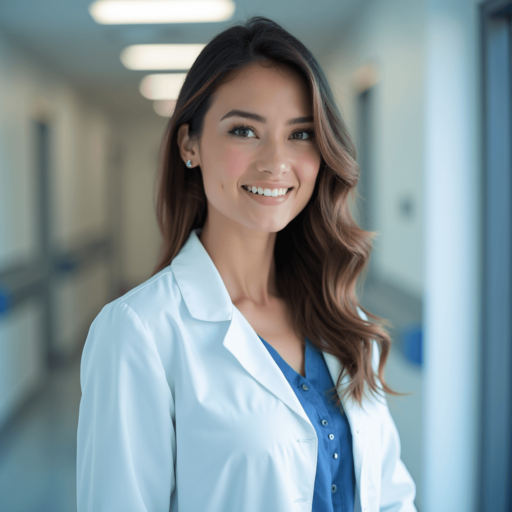 Professional AI headshot with hospital corridor with clean environment softly blurred background