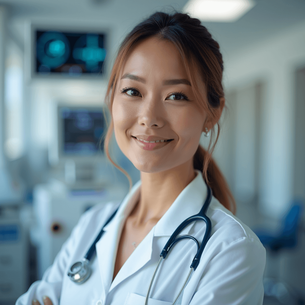 Professional AI headshot with modern clinic setting with medical equipment subtly visible background