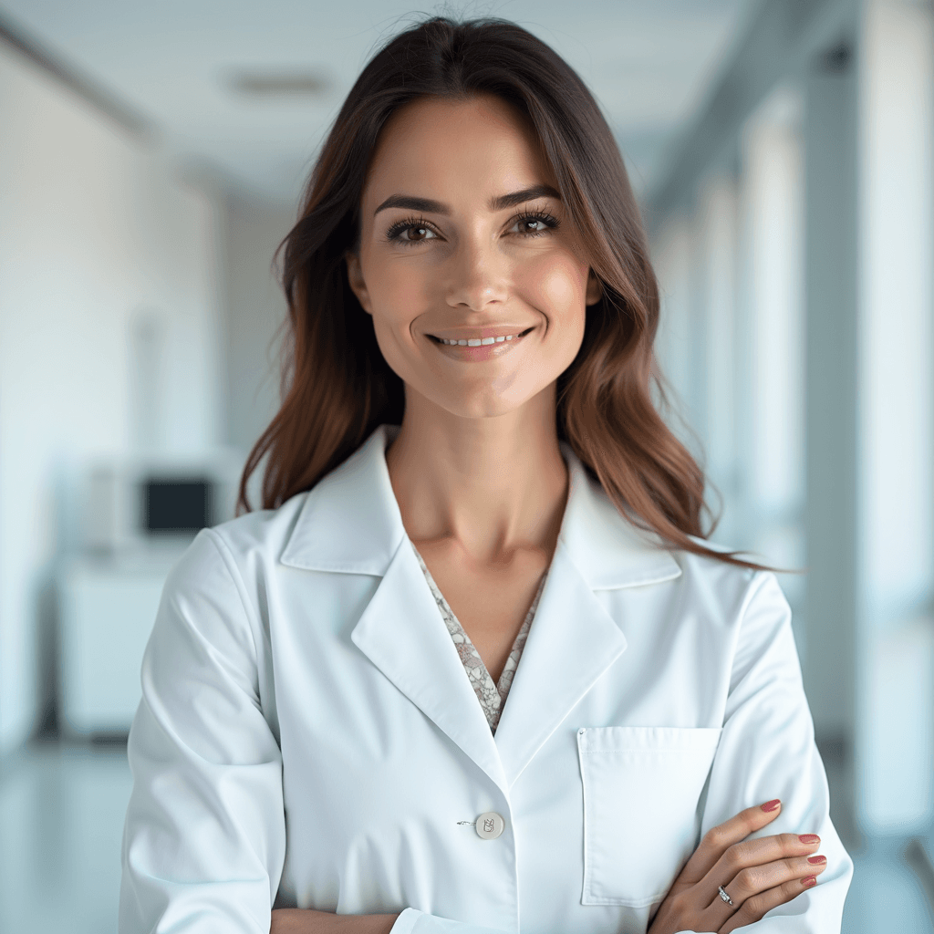 Professional AI headshot with sterile medical office with clean white surfaces background