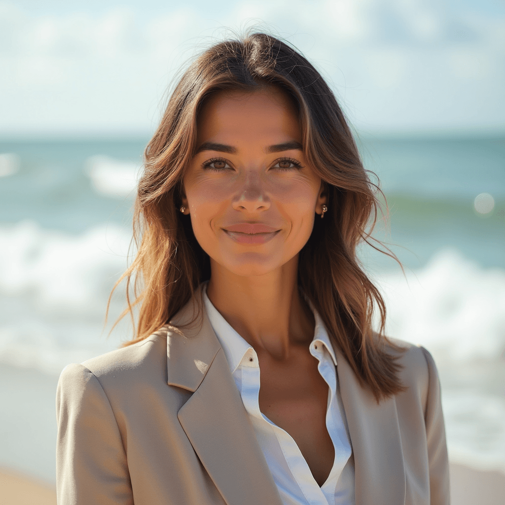 Professional AI headshot with beach setting with soft waves background