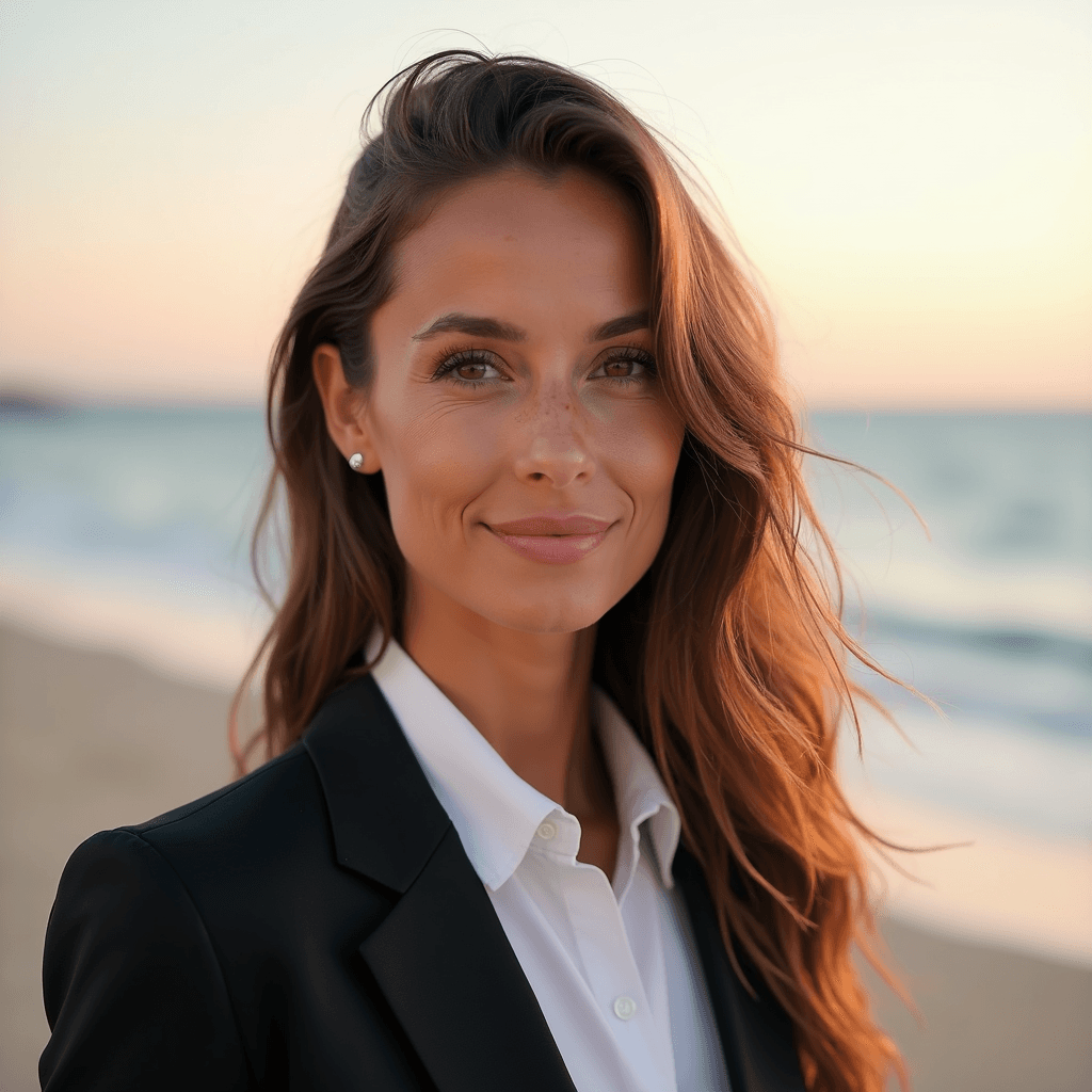 Professional AI headshot with beach sunrise setting background