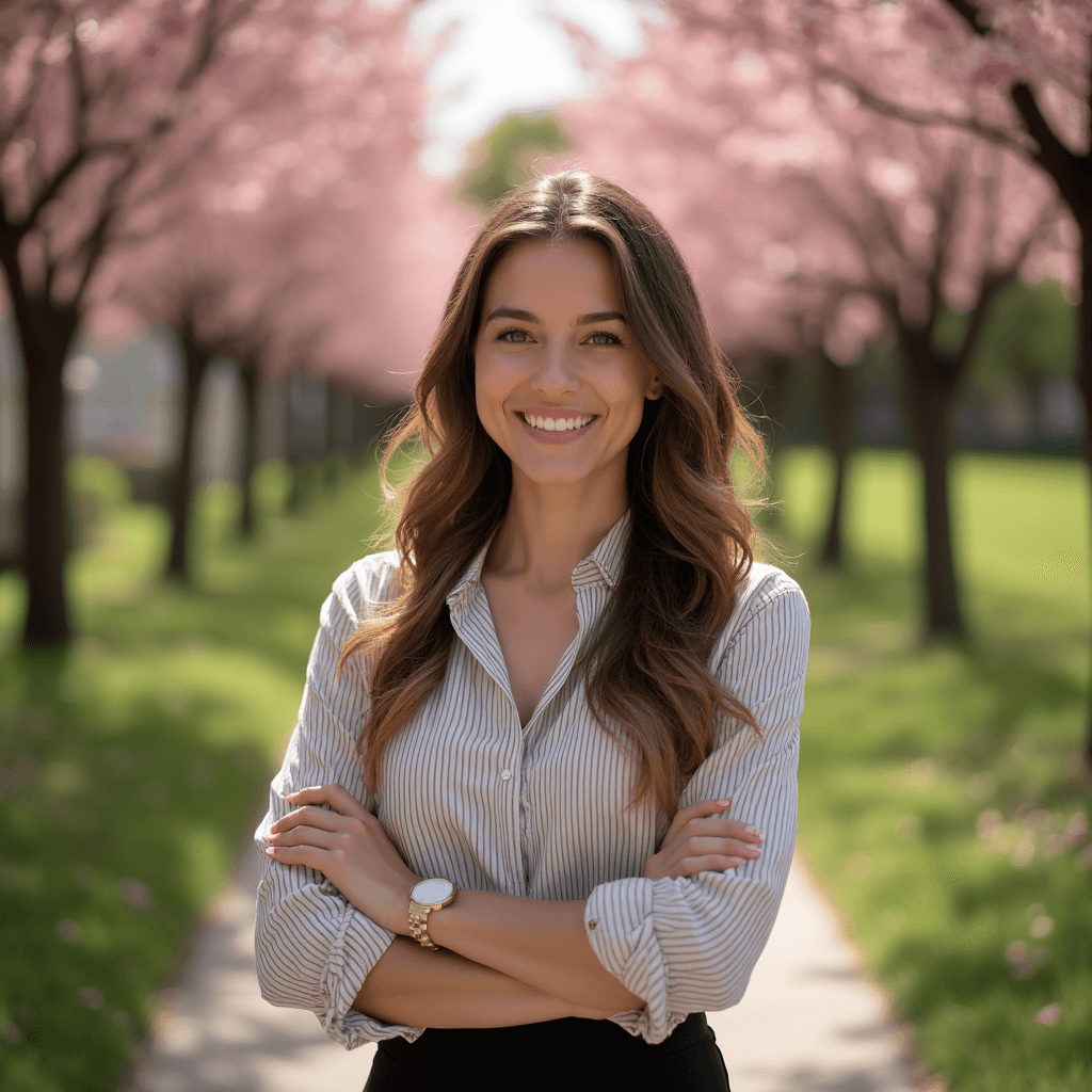 Professional AI headshot with blooming pathway with seasonal flowers background