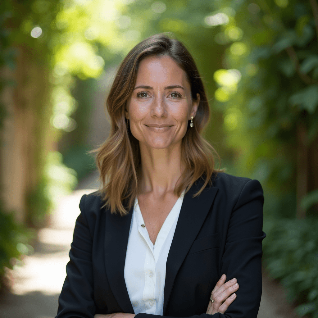 Professional AI headshot with botanical pathway with natural shadows and greenery background