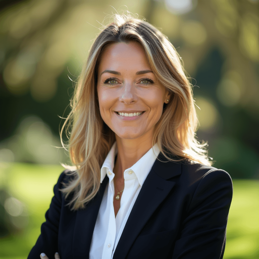 Professional AI headshot with british country house with traditional garden setting background