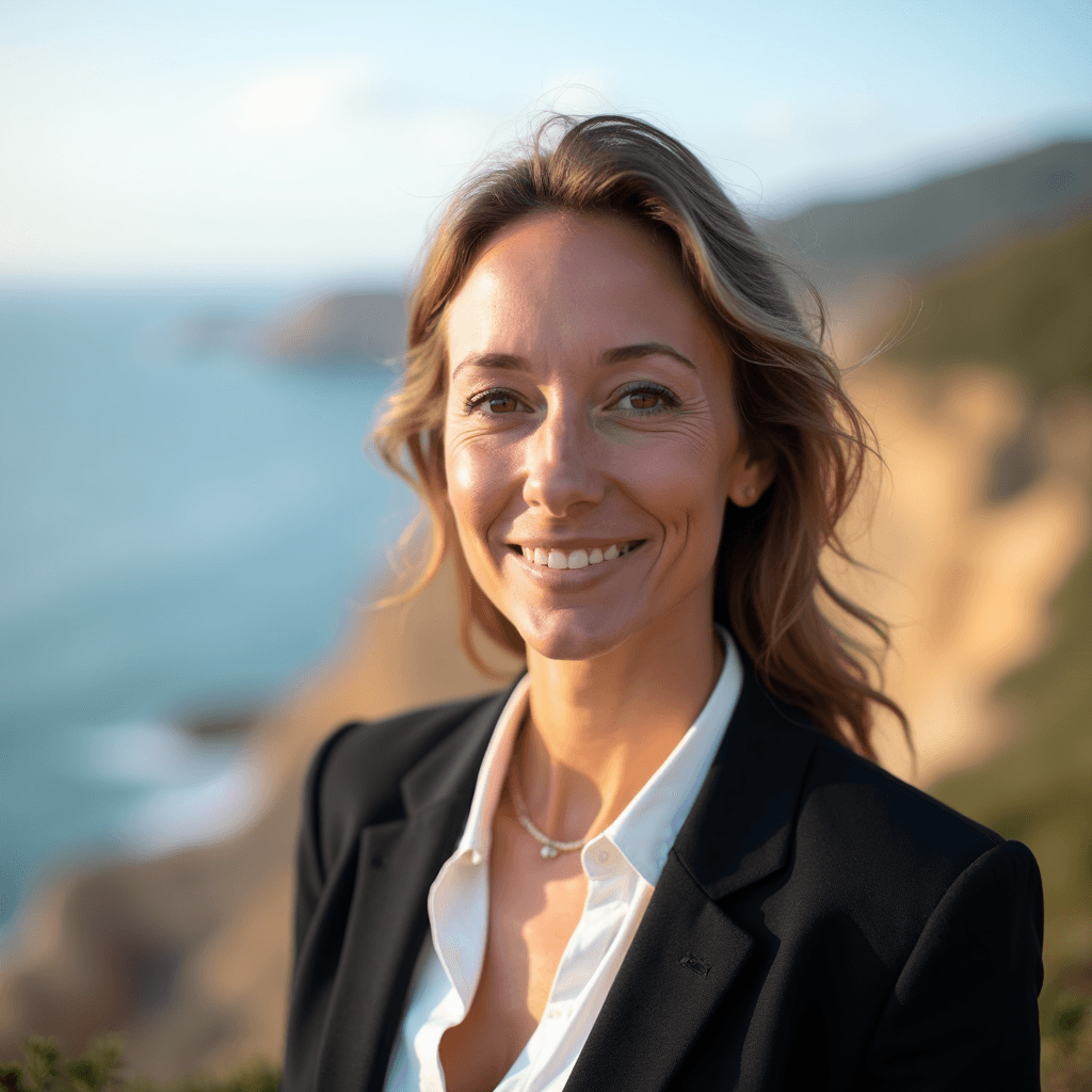 Professional AI headshot with coastal view with ocean horizon in gentle focus background