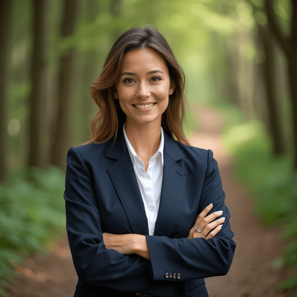 Professional AI headshot with forest pathway with woodland atmosphere background