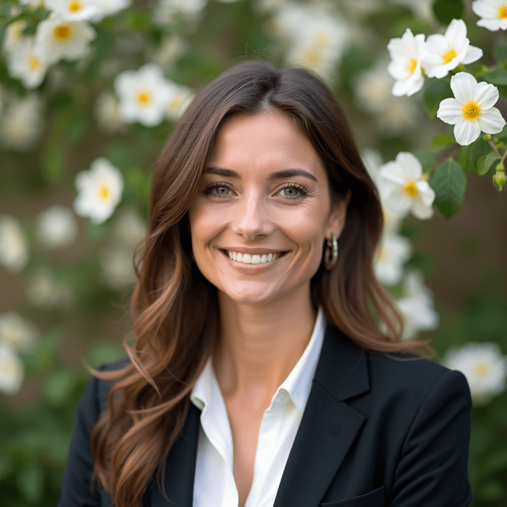 Professional AI headshot with garden setting with blooming flowers background
