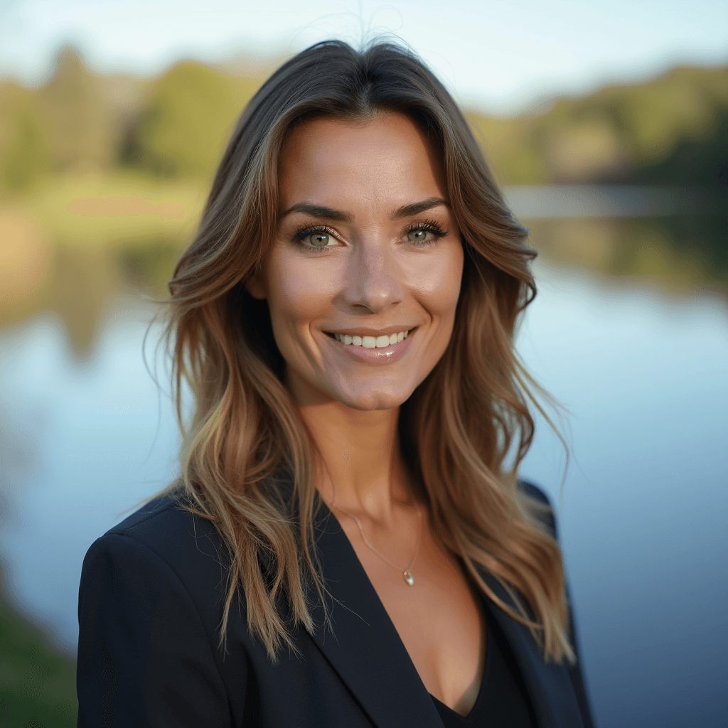 Professional AI headshot with lake setting with calm water and natural surroundings background