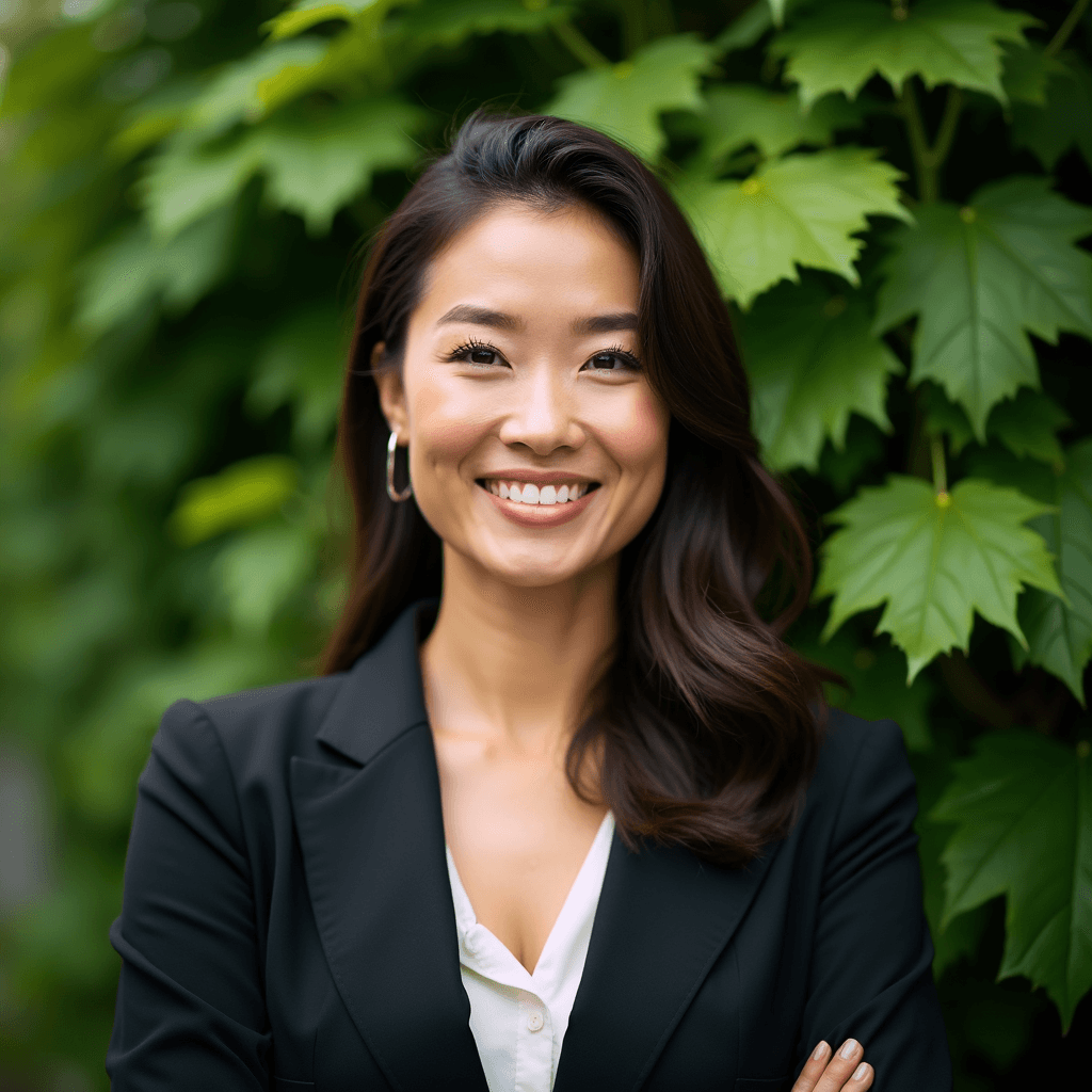 Professional AI headshot with lush greenery with dense foliage softly blurred background